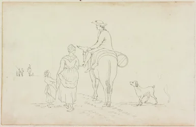 Mann auf Esel, mit Frau, Kind und Hund